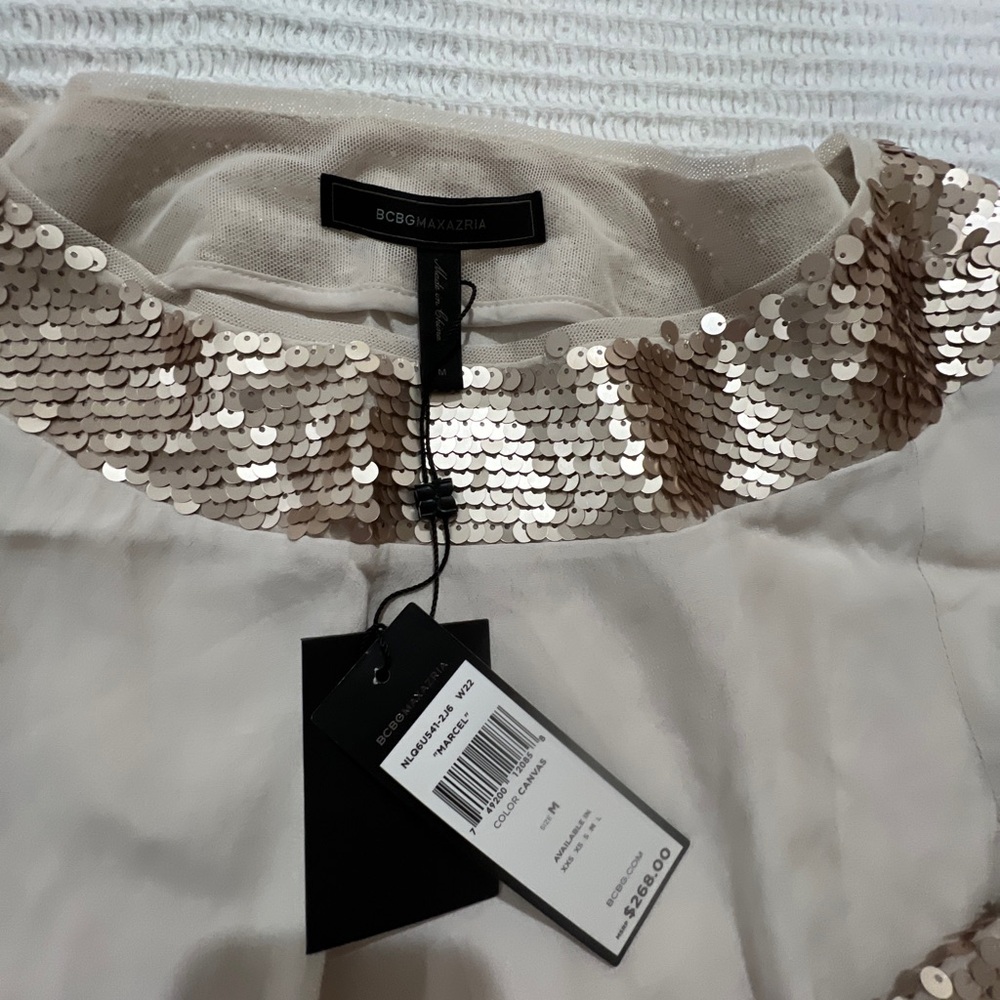 New BCBGMAXAZRIA Marcel Sequined Tie Waist Canvas Color Silk Dress Size M